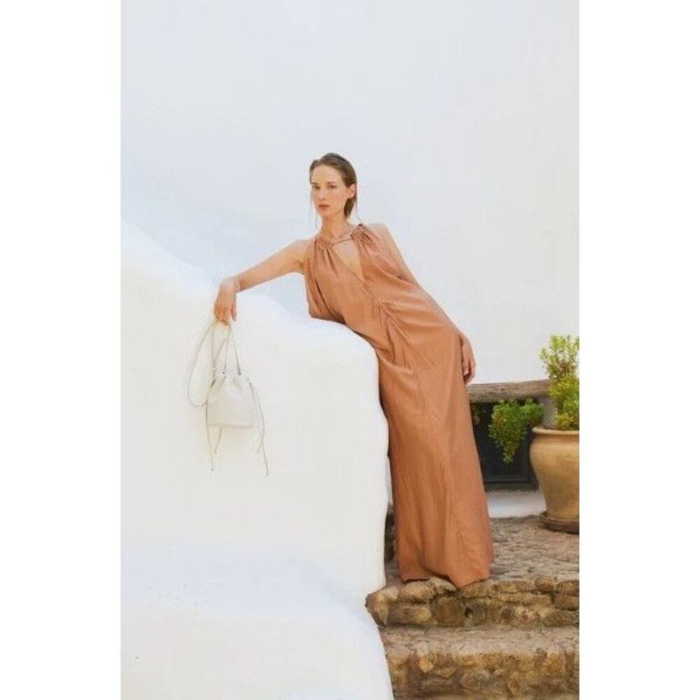 Zara Tan Halter Maxi Dress With Drawstring Back Detail Boho - Size S - Picture 2 of 7